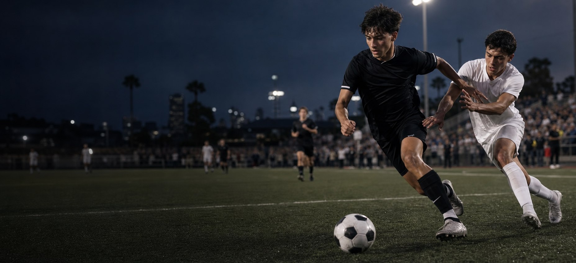 Soccer players competing for possession under stadium lights